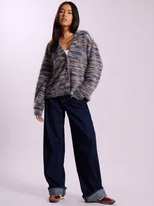 Vintage V-neck fuzzy striped cardigan sweater with shaggy knit texture for women