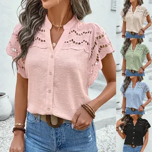 Women Casual Lace Hollow Out Short Sleeve T-Shirt Button Down Cardigan Swiss Dot Textured Summer Top Solid Color