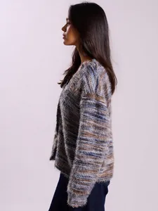 Side profile view of a vintage fuzzy striped cardigan featuring plush texture and long sleeves