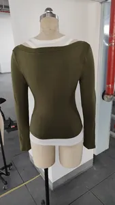 Olive green and white layered long sleeve top with slim fit design, back view detail