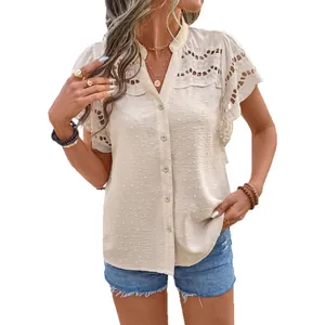 Elegant white lace hollow-out button-down blouse with short ruffle sleeves for women