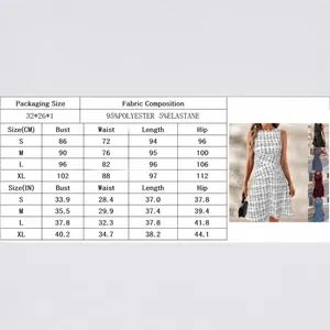 Größentabelle für ärmelloses kariertes Midikleid mit Rundhals und Falten