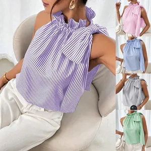 Dames Mouwloos Gestreepte Halter Top Mode Ruches Hoge Hals Strik Rugloos Polyester Casual T-shirt Zomer Tanktop