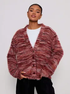 Detail view of a vintage Maillard fuzzy cardigan with a deep V-neck and button closure