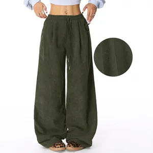 Lazy style high-waisted corduroy wide-leg pants with drawstring in dark green color