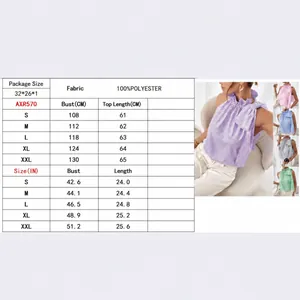 Maattabel voor mouwloze gestreepte damesblouse met hoge kraag en ruches details