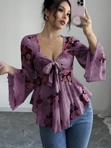 Elegante camicetta floreale francese con scollo quadrato e dettaglio a fiocco per donna.