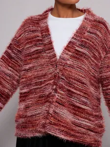 Close-up of fuzzy Maillard-style V-neck cardigan showing rich hairy texture