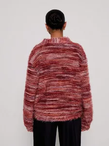 Detailed back view of a vintage fuzzy burgundy Maillard style plush cardigan sweater