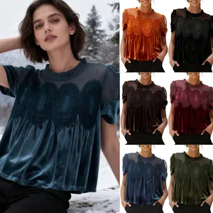 Women Fashion Mesh Embroidery Lace Round Neck Velvet Top Loose Short Sleeve Casual Solid Color Pullover Blouse