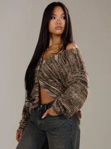 Detailed view of a retro Maillard fuzzy long-sleeve cardigan with a deep V-neck design.