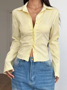 Close-up of yellow and white striped long-sleeve shirt with V-neck and slim fit