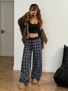 Pantalon large à carreaux taille haute avec coupe décontractée et cordon de serrage