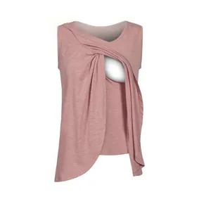 Close-up detail of the twist-front nursing access on this mauve maternity tank top