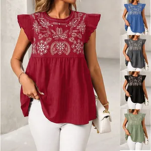 Dames Etnisch Geborduurde Polyester Blouse Korte Mouw Vlindermouwen Ronde Hals Casual Peplum Top Voor Vakantie Dagelijks Gebruik