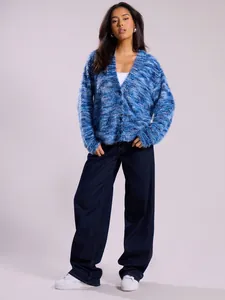 Fashionable blue fuzzy long sleeve cardigan with deep V-neck and vintage knit texture.