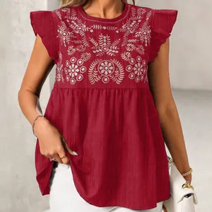 Rode geborduurde boho-blouse met vlindermouwen voor dames, etnische zomertop