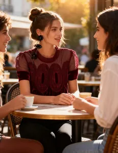Elegant burgundy velvet top with mesh embroidery details in a cafe setting