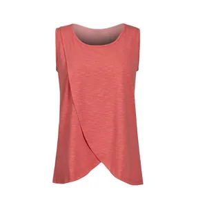 Close-up of coral sleeveless maternity nursing top with overlapping front design