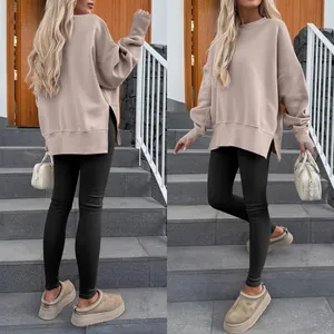 Sweat-shirt oversize décontracté à col rond uni avec fentes latérales et passe-pouce