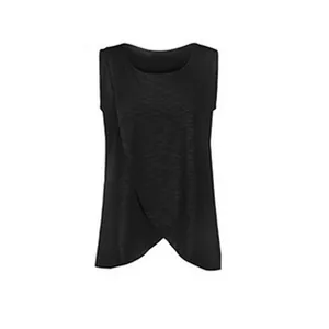 Close-up of black sleeveless nursing top with cross-front design for maternity