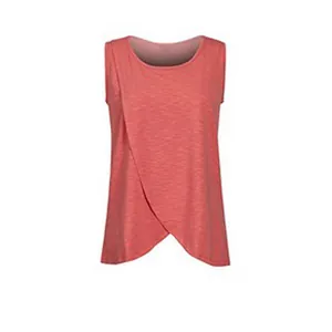 Front detail view of a coral pink nursing top with overlap design for breastfeeding.
