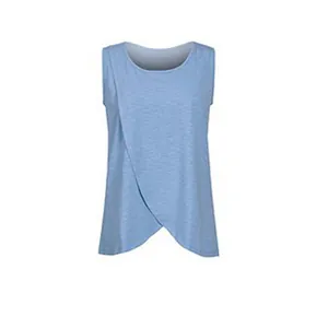 Close-up of nursing top with stylish crossover front design in light blue color