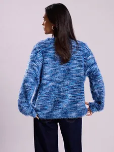 Back view of a fuzzy blue mohair-style long sleeve cardigan for women's vintage style