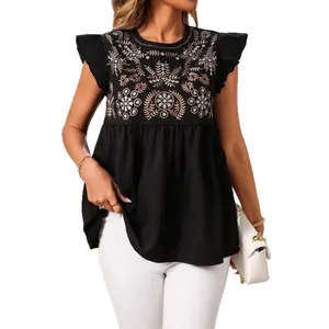 Etnische zwarte geborduurde blouse met vlindermouwen en een ronde hals voor dames