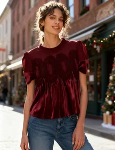 Detail of burgundy velvet top featuring intricate mesh embroidery and puff sleeves.
