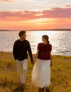 Close-up view of woman wearing burgundy velvet embroidered top at sunset