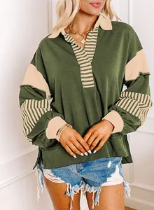 Detailed view of women's casual deep V-neck striped color-block long sleeve sweatshirt