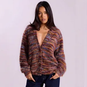 Vintage deep V-neck fuzzy knit cardigan with colorful Maillard striped design for women