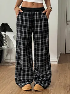 Pantalon large à carreaux à taille haute pour femmes, coupe droite décontractée.
