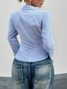 Detailed back view of a stylish blue and white striped long-sleeve blouse for women
