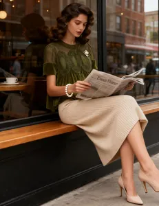 Elegant dark green velvet top featuring intricate mesh lace and floral embroidery details.