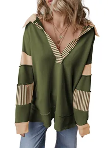 Green deep V-neck oversized sweatshirt featuring striped color-block sleeve details.