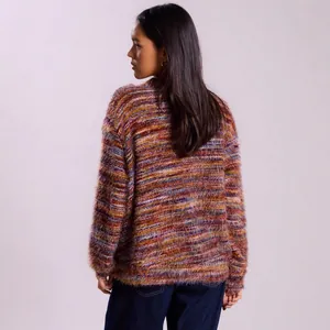 Stylish retro multi-color shaggy knit cardigan for women shown from the back view