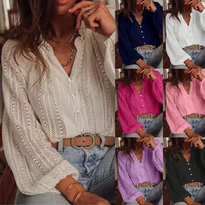Chemisier à la Mode en Dentelle Ajourée pour Femmes Col en V Manches Longues Boutonnage Simple Top Décontracté Couleur Unie