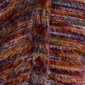 Close-up of vintage Maillard shaggy knit cardigan featuring multi-colored plush texture.