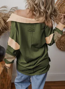 Close-up back view of an olive green color-block sweatshirt with striped sleeve details.
