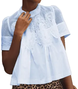 Détail d'un chemisier bleu clair avec broderie en dentelle et panneaux en mesh aux épaules