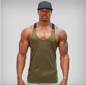 Professional men's army green U-neck fitness gym tank top with black straps and side print