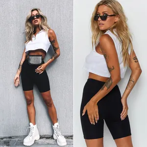 Side view detail of high-waist slimming black yoga biker shorts for active women