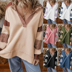 Women Casual Loose V Neck Sweatshirt Striped Color Block Long Sleeve Pullover Western Style Top For Fall Winter Daily Travel