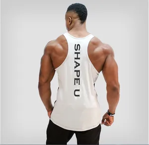Rear view of a white breathable men's gym racerback tank top with bold SHAPE U text
