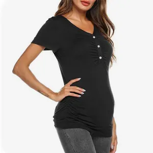 Black short sleeve maternity nursing T-shirt with button V-neck and side ruching