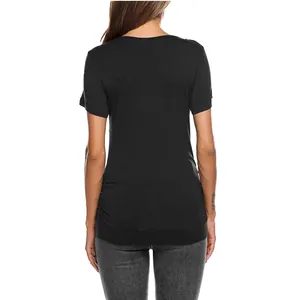 Back view of a black short-sleeve maternity nursing T-shirt with ruched sides