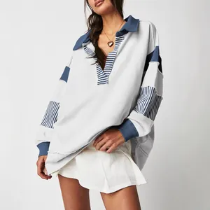Women's oversized deep V-neck sweatshirt with blue striped patchwork and loose fit