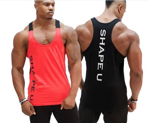 Men's athletic tank top in red and black with SHAPE U print for gym and running